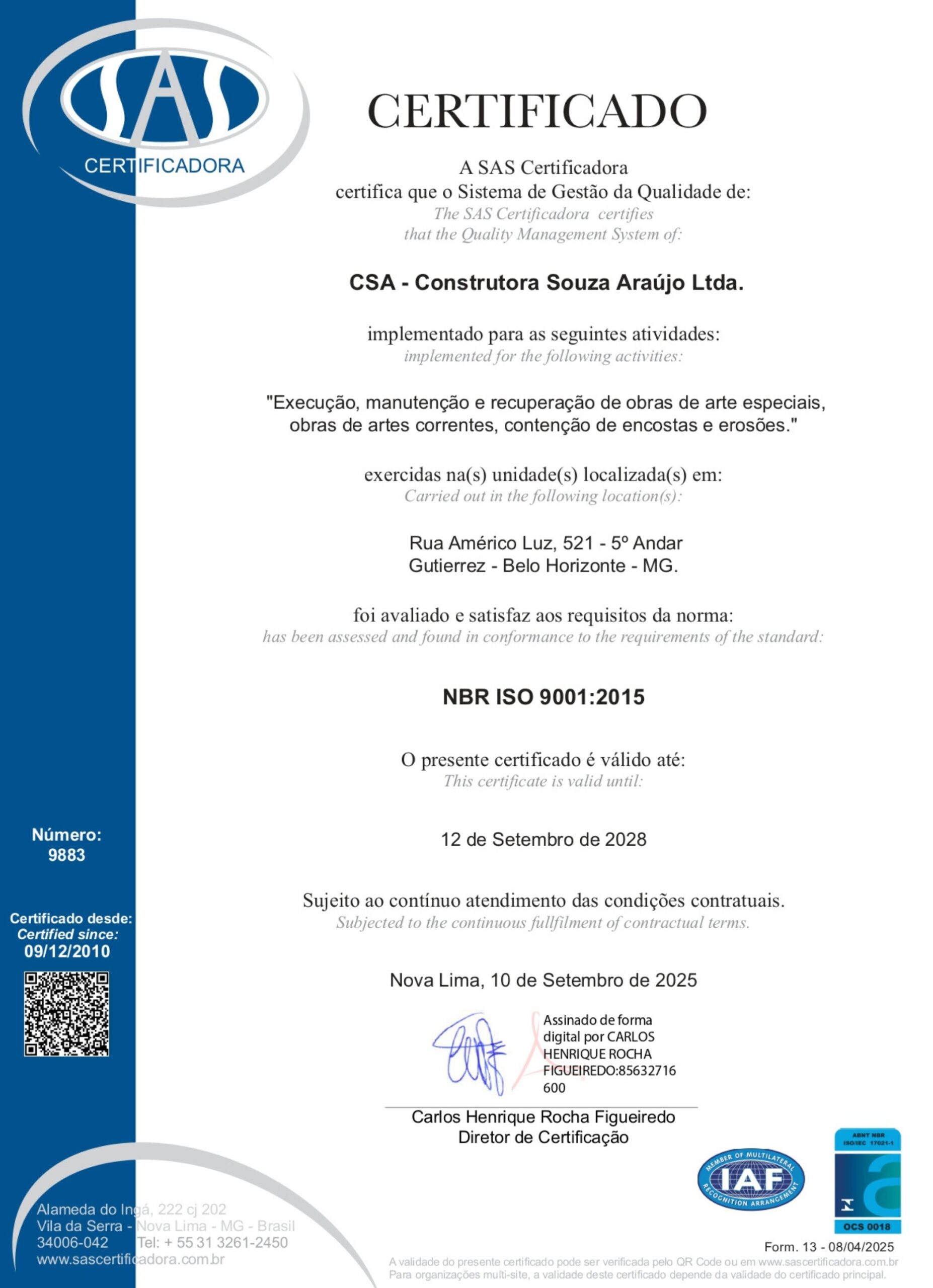 certificado iso 9001 - csa construtora